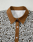 Plus Size Leopard Contrast Trim Puff Sleeve Blouse