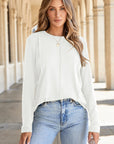 Solid Reverse Seam Crew Neck Long Sleeve Top