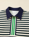 Stripe Contrast Trim Collared Zip Long Sleeve Top