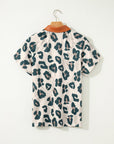 Leopard Buttoned Contrast Collar Short Sleeve Blouse