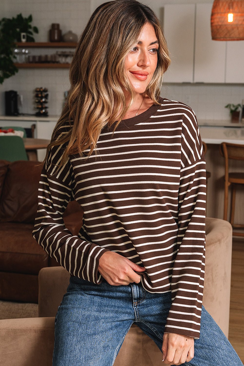 Ember Stripe Ribbed Cropped Crew Neck Top