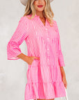 Stripe V-Neck Flare Sleeve Tiered Mini Dress