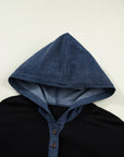 Ribbed Knit Contrast Denim Patchwork Hooded Top