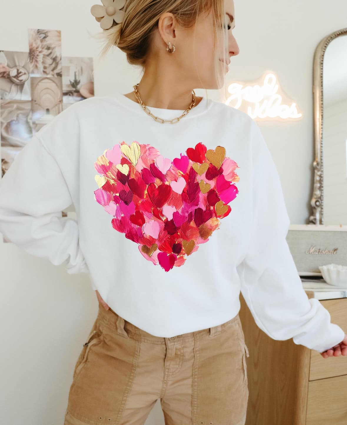 Pink &amp; Gold Paint streak heart tee &amp; sweatshirt