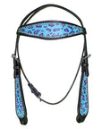 HILASON Western Horse Leather Headstall & Breast Collar Set Turquoise Cheetah