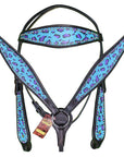 HILASON W. H. Leather Headstall & Breast Collar Set Turquoise Cheetah