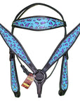 HILASON Western Horse Leather Headstall & Breast Collar Set Turquoise Cheetah