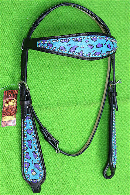 HILASON Western Horse Leather Headstall &amp; Breast Collar Set Turquoise Cheetah