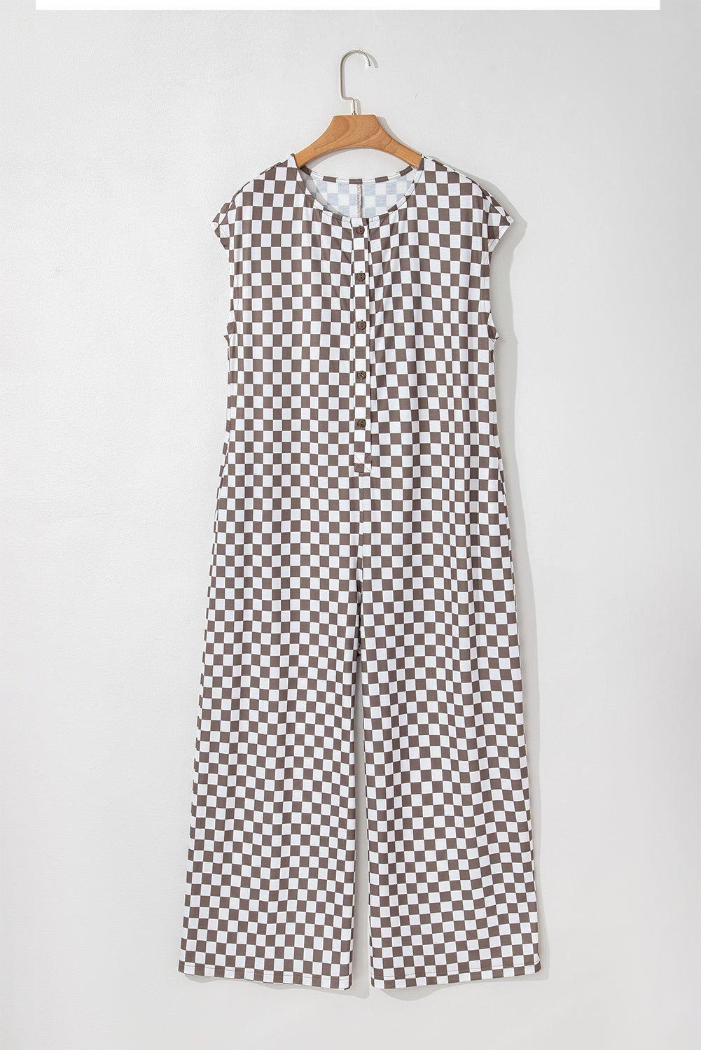 Paisley Checkered Buttoned Crew Neck Wide Leg Jumpsuit