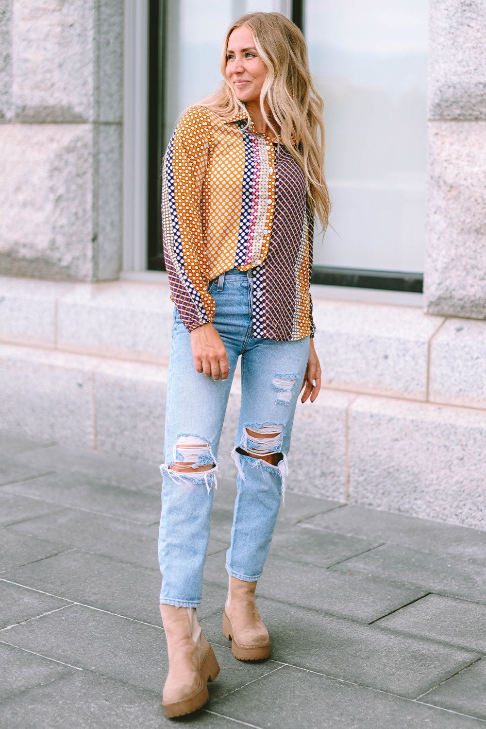 Brown Dot Print Long Sleeve Button Down Shift PLUS Shirt