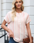 Stripe Half Buttoned Short Sleeve Blouse