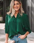 Solid Frilled Bow Tie V-Neck 3/4 Sleeve Blouse