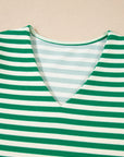 Stripe Patchwork Puff Short Sleeve V-Neck Blouse