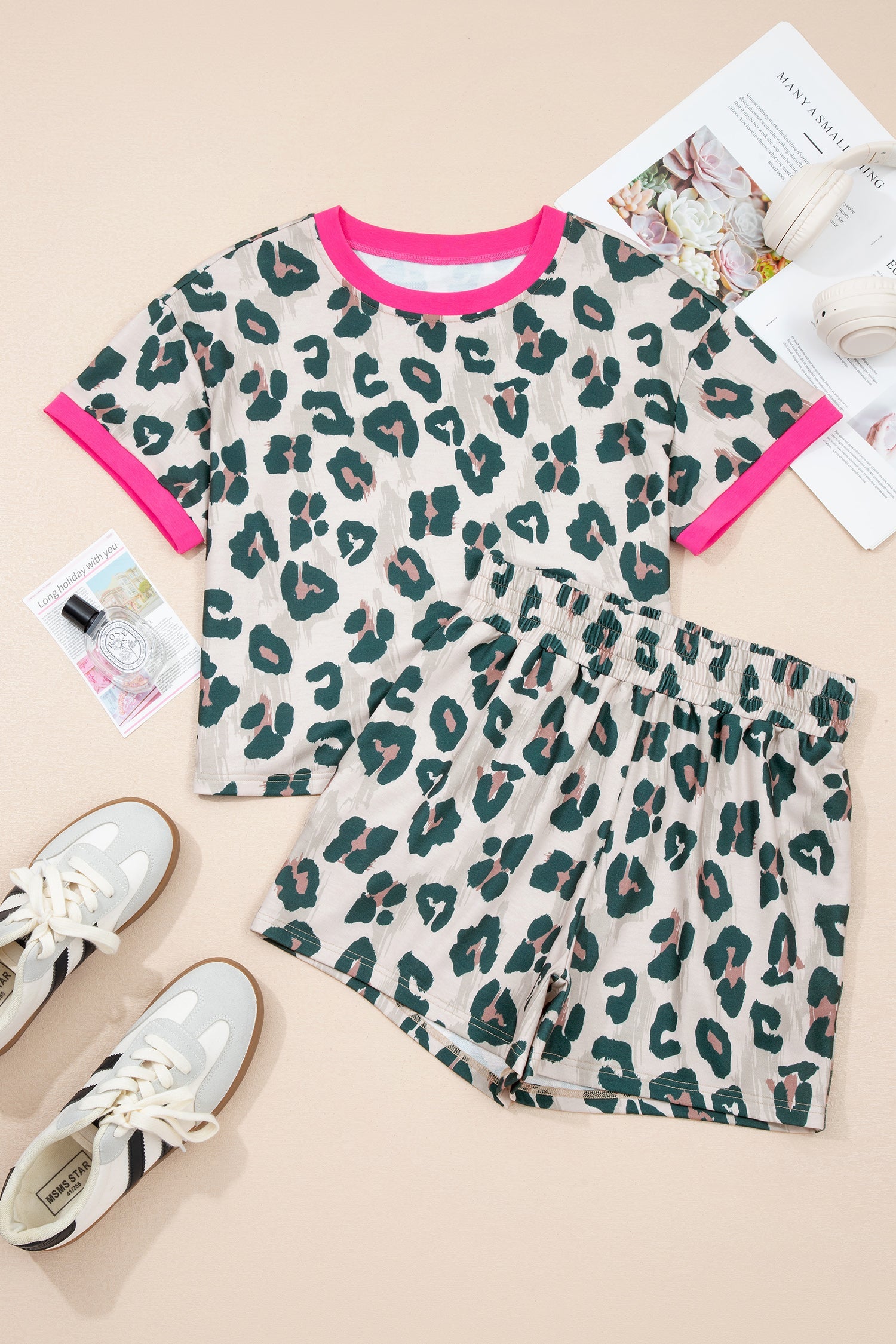 Leopard Contrast Trim Top &amp; High Waist Shorts Set