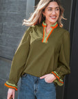 Stripe Trim Ruffle Split Neck Long Sleeve Blouse