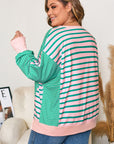 Green Stripe Color Block Exposed Seam Side Slit Plus Size Sweatshirt