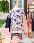 Floral Panel Colorblock Sleeve Crewneck Sweater