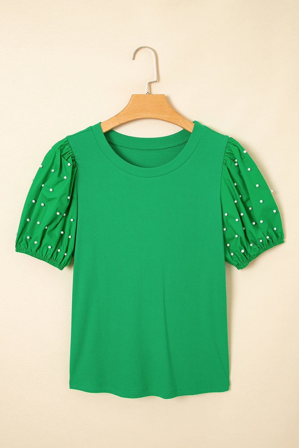 Pearl Beaded Puff Sleeve Ribbed Top