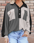 Colorblock Collared Ribbed Patchwork Pocketed Sweatshirt