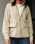 Textured Zip-Up Collared Faux Leather Jacket
