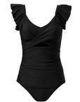 Solid Ruffle Crossed Cutout Tankini Set