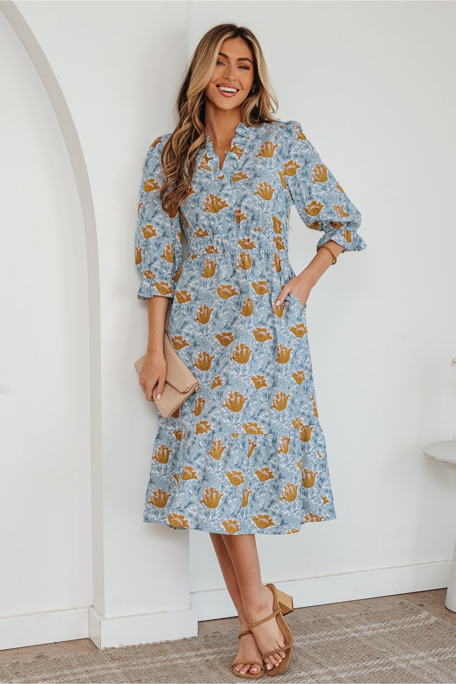 Floral Frilled V-Neck 3/4 Sleeve Midi Dress
