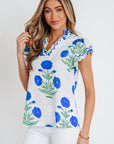 Flower Scallop Contrast Trim Short Sleeve Blouse