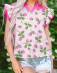 Stripe Strawberry Patchwork Flutter Sleeve V-Neck Blouse