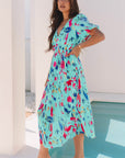 Abstract Short Puff Sleeve Tiered Maxi Dress
