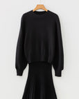 Solid High Neck Sweater and Pleated Mini Skirt Set