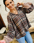 Plaid Quarter-Button Patchwork Long Sleeve Hooded Blouse