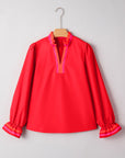 Stripe Trim Ruffle Split Neck Long Sleeve Blouse