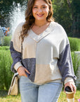 Plus Size Textured Patchwork Long Sleeve V-Neck Top
