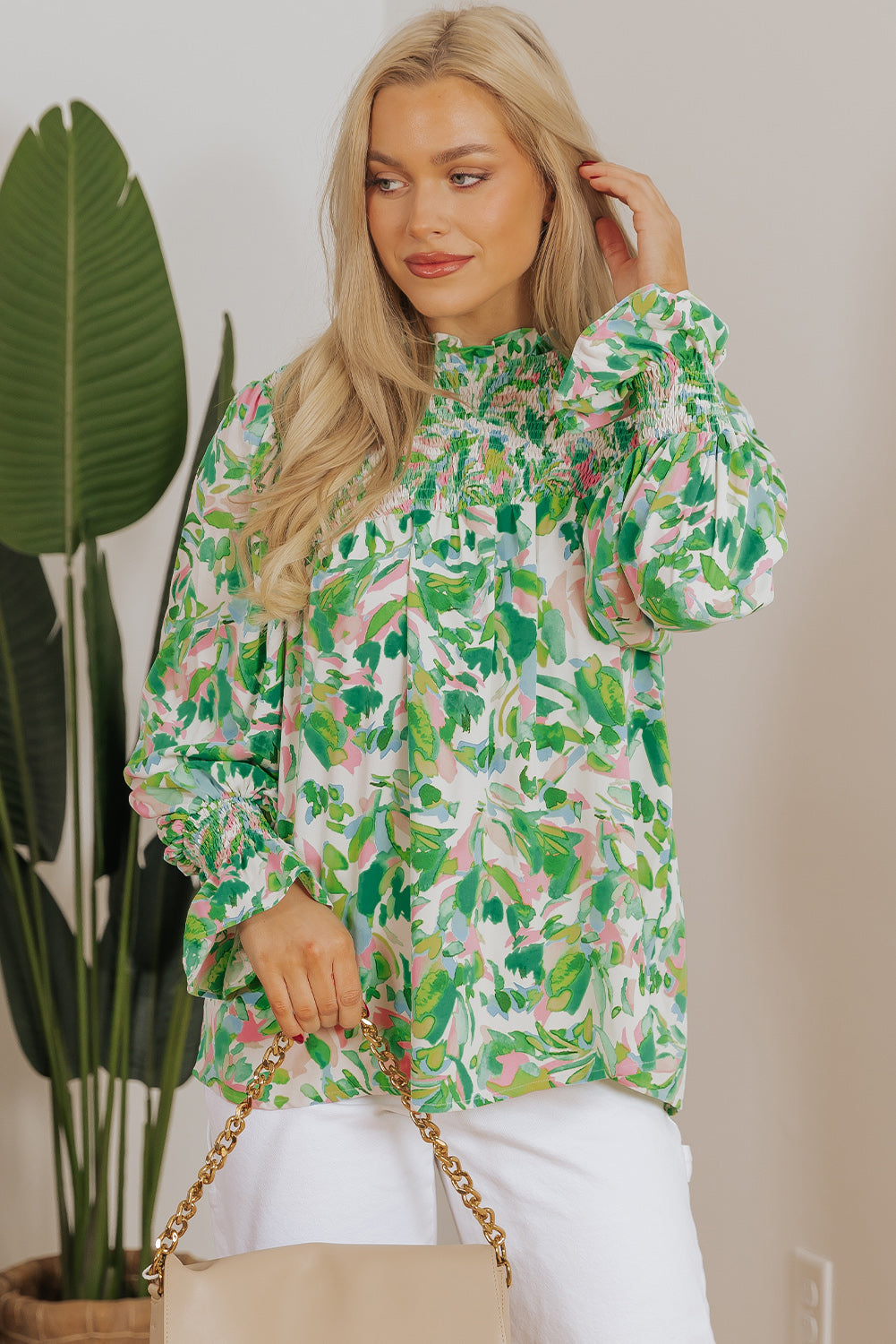 Abstract Floral Flounce Sleeve Mock Neck Blouse