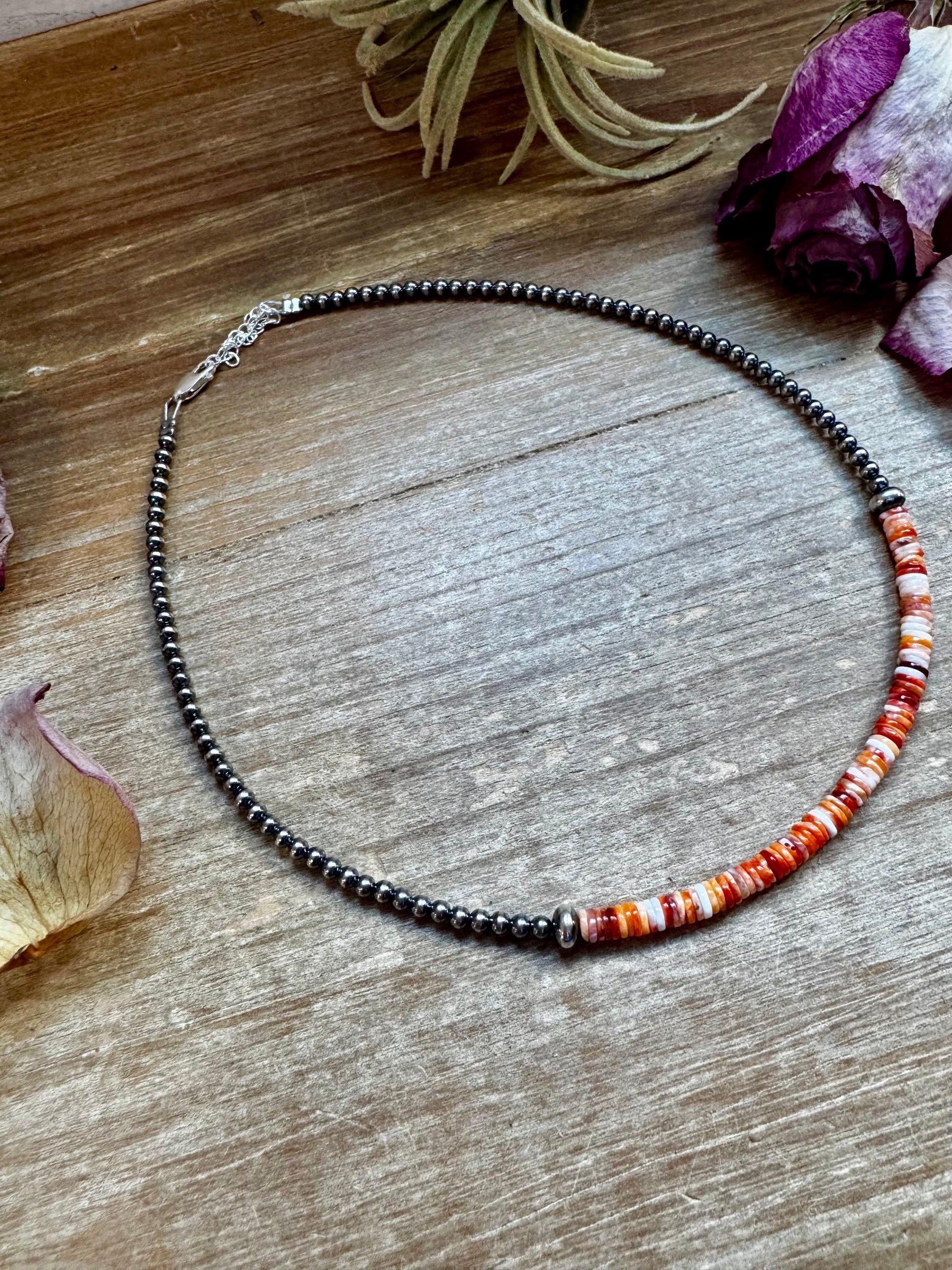 Spiny Oyster Heishi &amp; Sterling Silver Pearl Choker