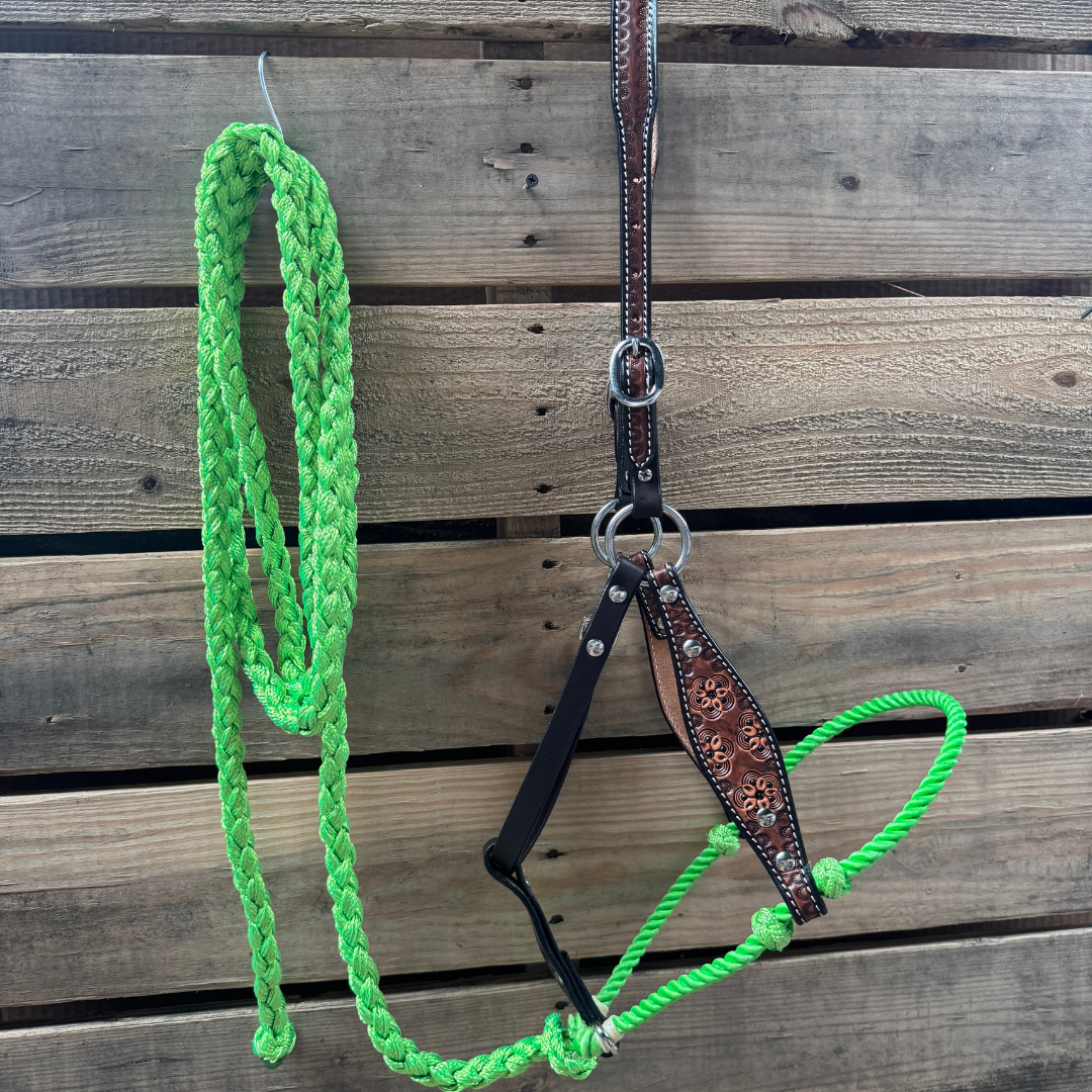 Lime Flower Power Tooled Lariat &amp; Leather Combo Halter