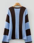 Stripe Colorblock Thermal Textured Knit Drop Shoulder Sweater