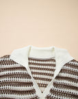 Stripe Eyelet Contrast Collared V-Neck Sweater