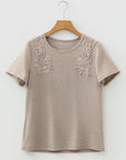 Solid Lace Embroidered Patch Short Sleeve Tee