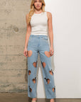 22803P -Rhinestone Fringe Denim Jeans: LIGHT WASH