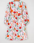 Floral Ricrac Trim 3/4 Puff Sleeve Mini Dress