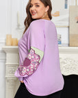 Plus Size Floral Patch Colorblock Long Sleeve Top