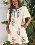 Floral Short Sleeve Split Neck Mini Dress