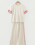 Contrast Stripe Crewneck Top & Straight Pants Set