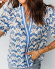 Floral V-Neck Flounced Short Sleeve Blouse
