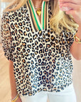 Leopard Colorblock Contrast V-Neck Short Sleeve Blouse