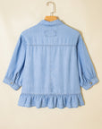 Denim Chambray Ruffle 3/4 Sleeve Buttoned Shirt
