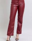 Faux Leather Tummy Control High Waisted Straight: Red