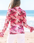 Floral Mesh Flounce Sleeve Mock Neck Blouse