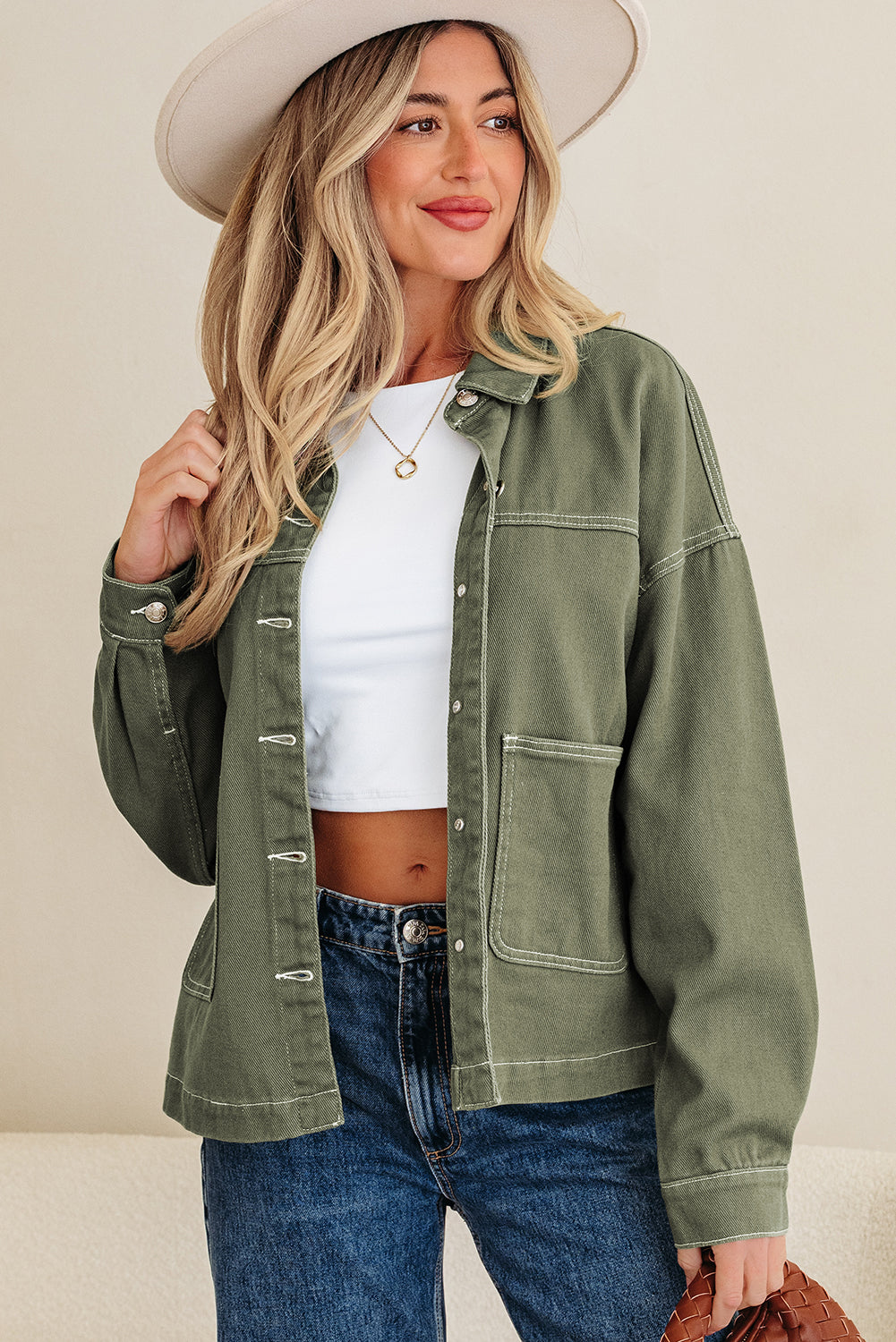 Denim Button-Up Patch Pocket Collared Jacket